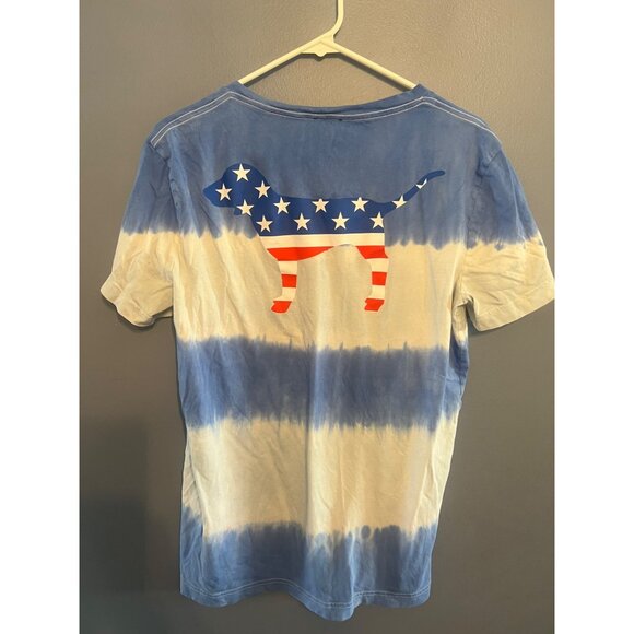 VS PINK White & Blue Tye Dye Tee W Pocket & American Flag Dog On Back Size Small - Picture 5 of 6